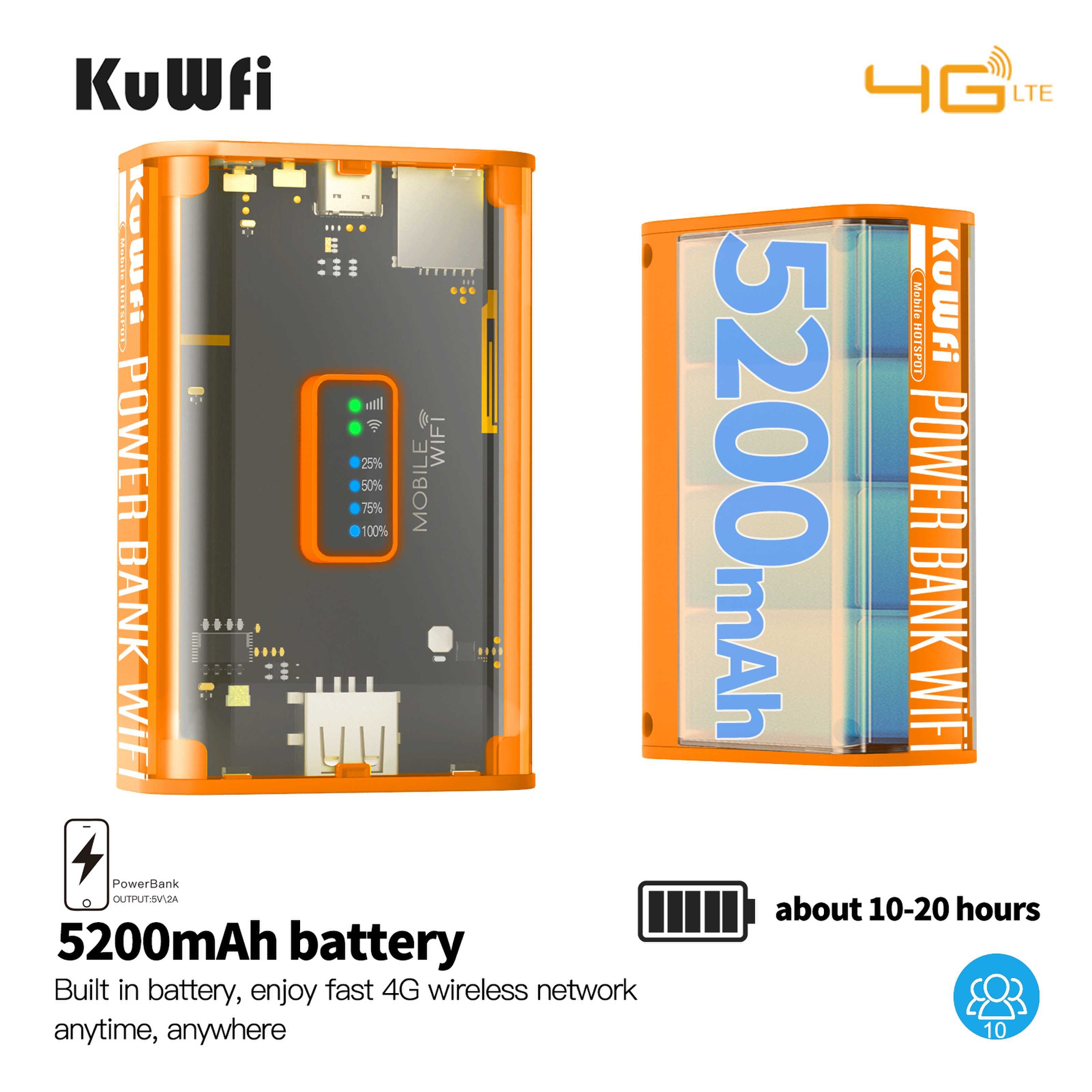 Cheap Price KuWFi Router 4g Unlocked 5200mah Power Bank 4g Lte Portable Wifi Router 10 Users Modem 4g Lte Sim Card